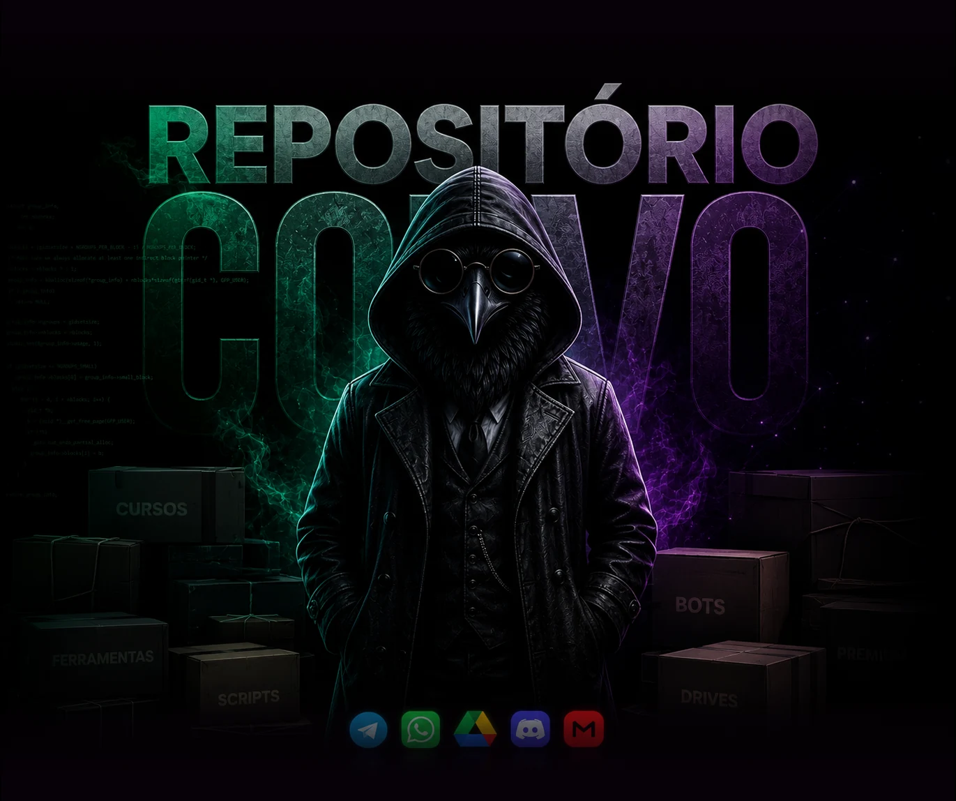 Arte principal do Repositório Corvo com mascote, categorias e plataformas