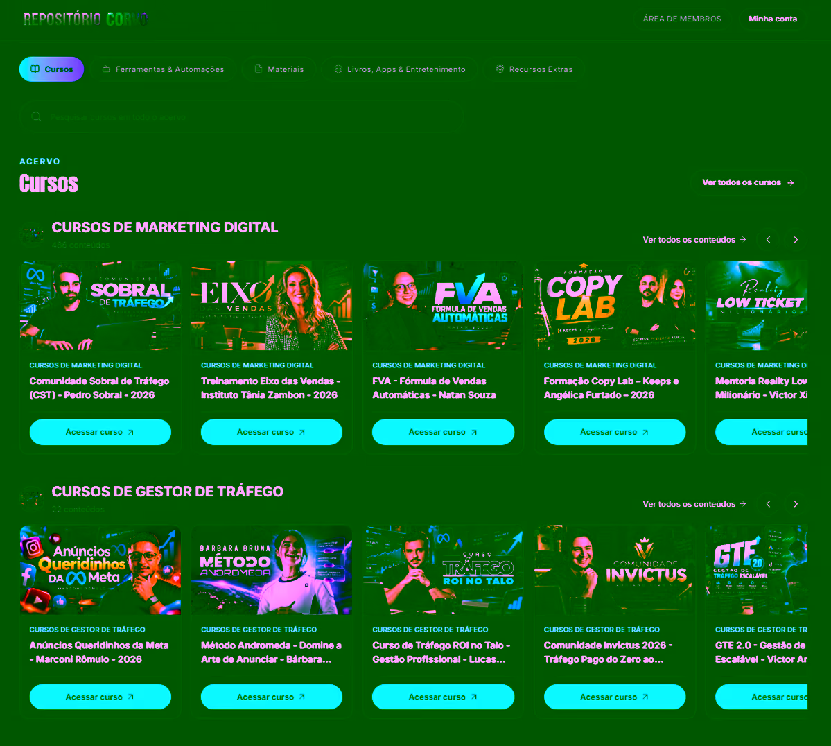 Tela da área de membros do Repositório Corvo em um mockup de computador