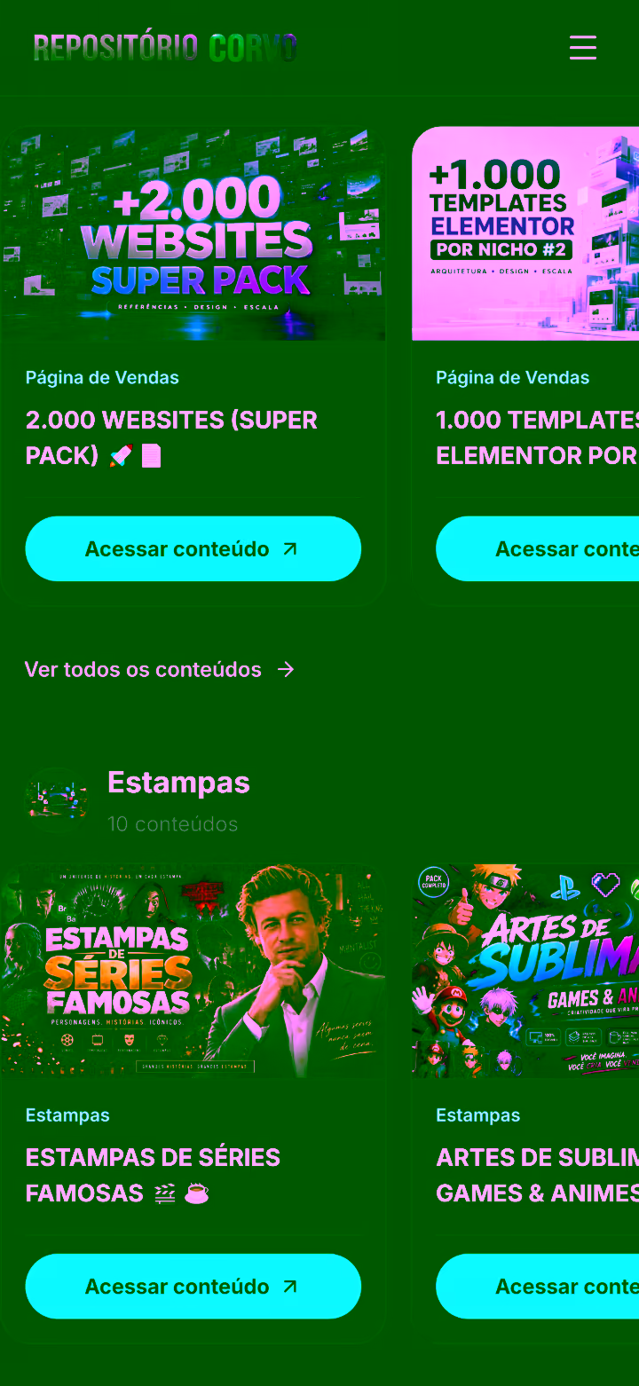 Tela da área de membros do Repositório Corvo em um mockup de celular